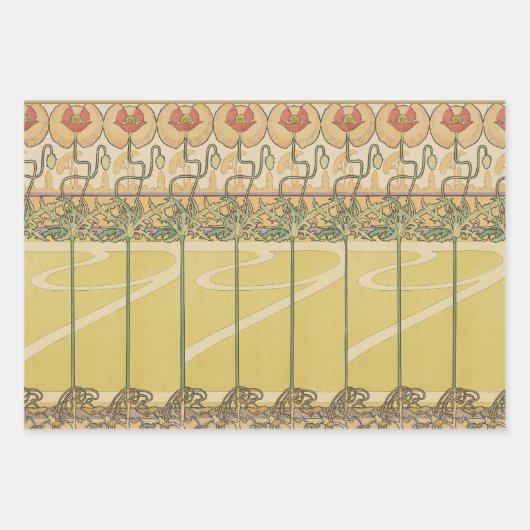 Alfonse Mucha Poppies Art Nouveau Floral Wallpaper Inpakpapier Vel (Voorkant)