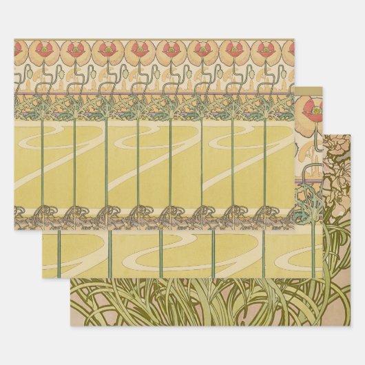 Alfonse Mucha Poppies Art Nouveau Floral Wallpaper Inpakpapier Vel (Set)