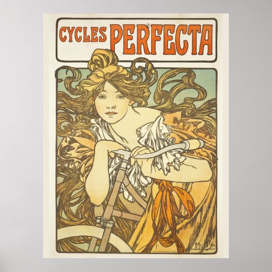 Alfonse Mucha Retro Vrouw  Fietsen Poster (Voorkant)