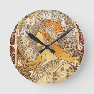 Alfonse Mucha Zodiac Art Nouveau Vrouw Ronde Klok