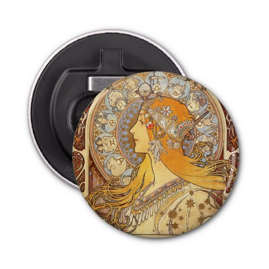 Alfonse Mucha Zodiac Art Nouveau Woman Button Flesopener (Voorkant)