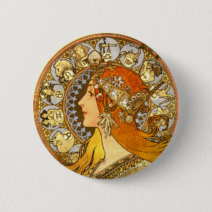 Alfonse Mucha Zodiac Art Nouveau Woman Ronde Button 5,7 Cm