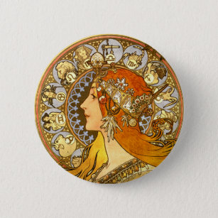 Alfonse Mucha Zodiac Art Nouveau Woman Ronde Button 5,7 Cm