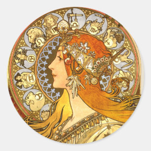 Alfonse Mucha Zodiac Art Nouveau Woman Ronde Sticker
