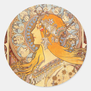 Alfonse Mucha Zodiac Art Nouveau Woman Ronde Sticker