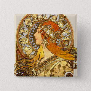 Alfonse Mucha Zodiac Art Nouveau Woman Vierkante Button 5,1 Cm
