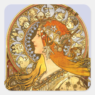 Alfonse Mucha Zodiac Art Nouveau Woman Vierkante Sticker