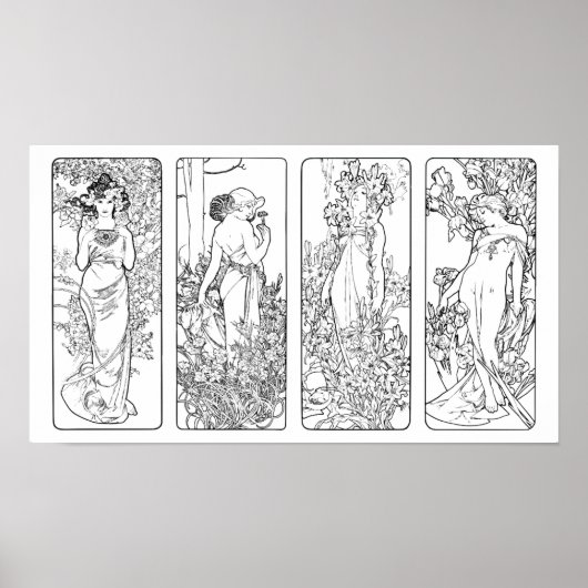 Alfonso Mucha - Four Seasons - black and white pos Poster (Voorkant)