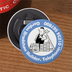 Algemene Bouwer met de Materialen van de Bouw. Button Flesopener