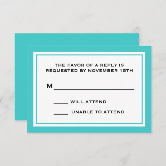 Algemene RSVP-kaarten (Blauwgroen / wit) RSVP Kaartje (Voorkant / Achterkant)