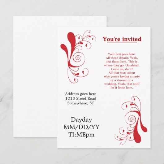 Algemene uitnodigingen voor Red Swirly voor elk ge (Voorkant / Achterkant)