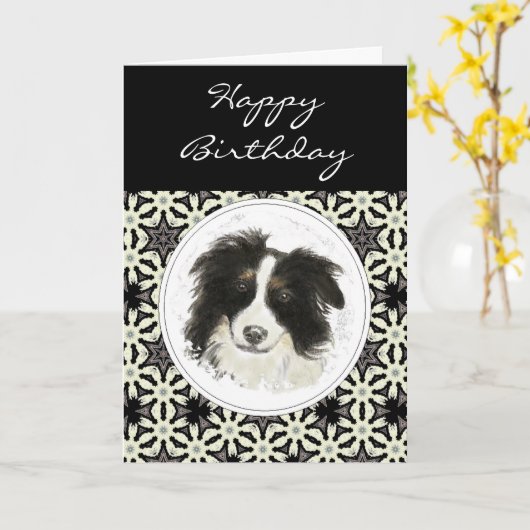 Algemene Verjaardag Border Collie Pet Dog Kaart (Gele Bloem)