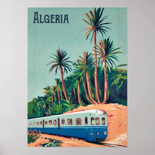 Algerije, trein die de palmen passeert poster