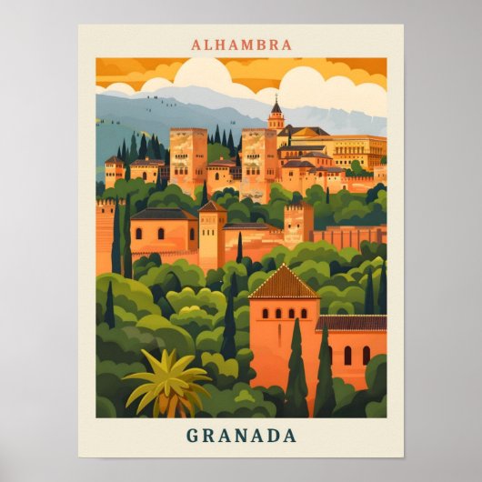 Alhambra Granada Spanje Elegante Vintage Reizen Poster (Voorkant)