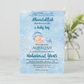 Alhamdulillah blauw aqeeqah moslim baby jongen kaart (Staand voorkant)