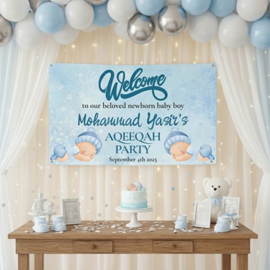 Alhamdulillah blauwe aqiqah baby jongen welkom ban spandoek