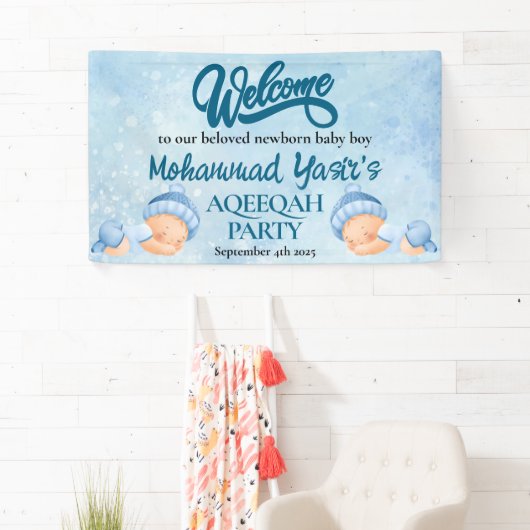 Alhamdulillah blauwe aqiqah baby jongen welkom ban spandoek (Insitu)