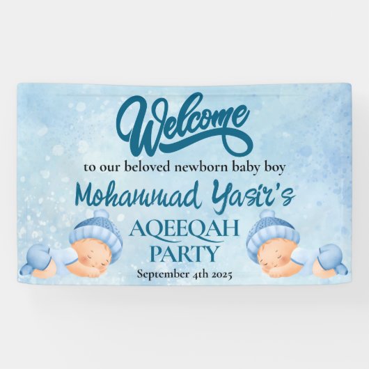 Alhamdulillah blauwe aqiqah baby jongen welkom ban spandoek (Horizontaal)
