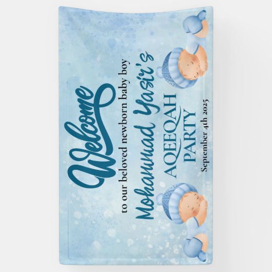 Alhamdulillah blauwe aqiqah baby jongen welkom ban spandoek (Verticaal)