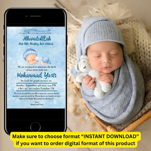 Alhamdulillah muslim baby boy birth announcement kaart
