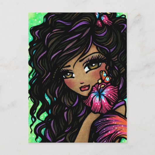 "Aliah" Hibiscus Mermaid Fantasy Art Briefkaart (Voorkant)