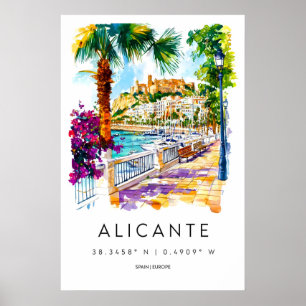 Alicante Aquarel Vintage Reisposter Skiën Poster