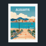 Alicante Spanje Strand Uitzicht Reizen Briefkaart<br><div class="desc">Een levendige en kleurrijke illustratie van een pittoreske kustscène in Alicante, Spanje. Het afbeelding beschikt over een zandstrand dat leidt naar een helderblauwe oceaan, met een charmante kustplaats genesteld tegen de achtergrond van glooiende heuvels. De kleurrijke gebouwen en de palmbomen voegen een vleugje mediterrane flair toe aan het tafereel.</div>