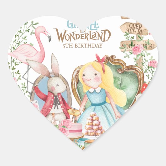 Alice Adventures in Woderland Verjaardags Tea Part Hart Sticker (Voorkant)