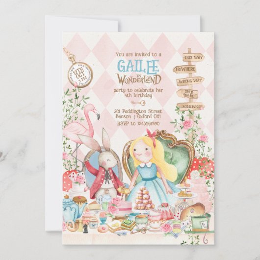 Alice Adventures in Woderland Verjaardags Tea Part Kaart (Voorkant)