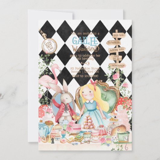 Alice Adventures in Woderland Verjaardags Tea Part Kaart (Voorkant)