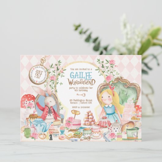Alice Adventures in Woderland Verjaardags Tea Part Kaart (Staand voorkant)