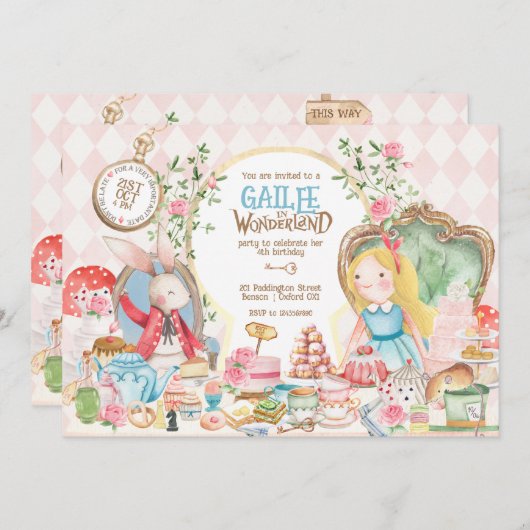 Alice Adventures in Woderland Verjaardags Tea Part Kaart (Voorkant / Achterkant)