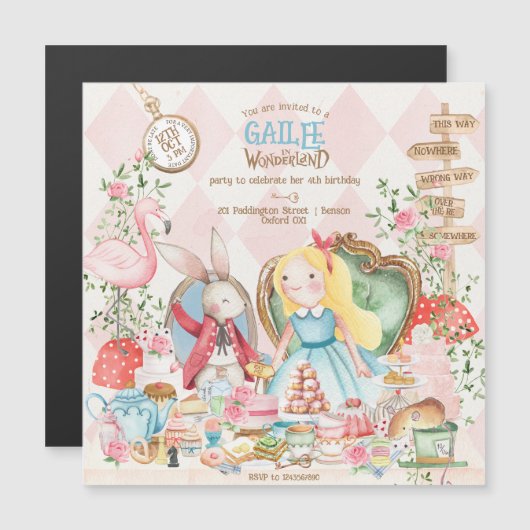 Alice Adventures in Woderland Verjaardags Tea Part Magnetische Uitnodiging (Voorkant / Achterkant)