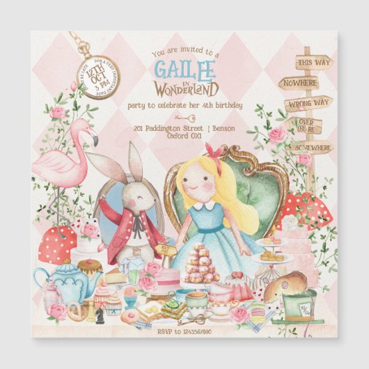 Alice Adventures in Woderland Verjaardags Tea Part Magnetische Uitnodiging (Voorkant)