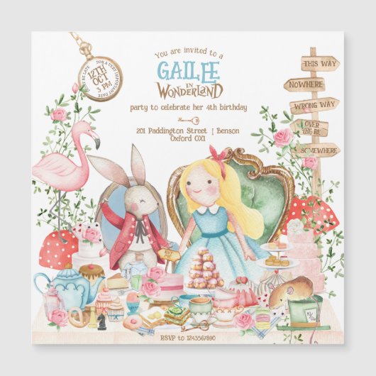 Alice Adventures in Woderland Verjaardags Tea Part Magnetische Uitnodiging (Voorkant)