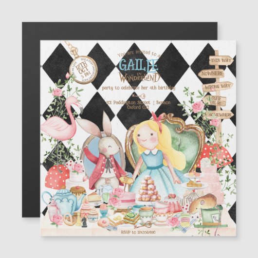 Alice Adventures in Woderland Verjaardags Tea Part Magnetische Uitnodiging (Voorkant / Achterkant)