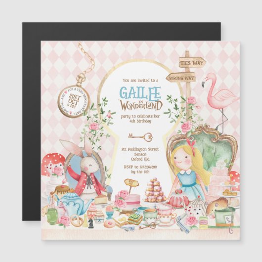 Alice Adventures in Woderland Verjaardags Tea Part Magnetische Uitnodiging (Voorkant / Achterkant)