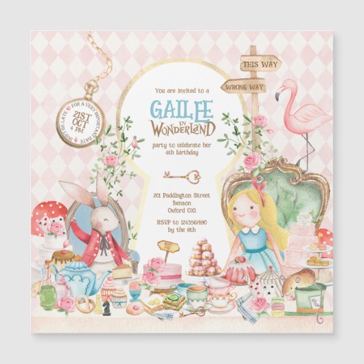 Alice Adventures in Woderland Verjaardags Tea Part Magnetische Uitnodiging (Voorkant)