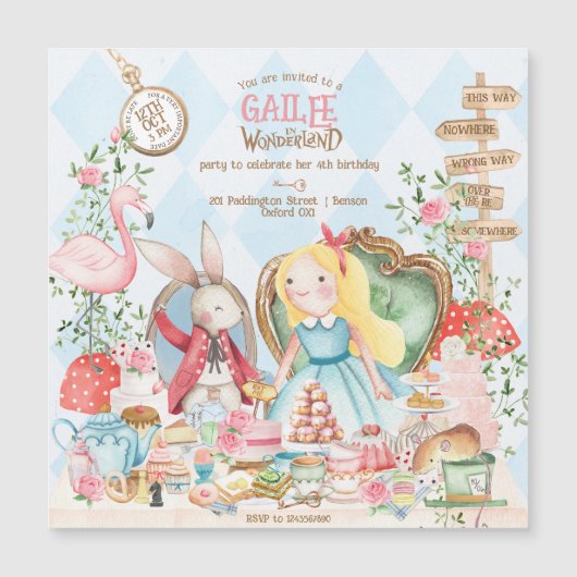 Alice Adventures in Woderland Verjaardags Tea Part Magnetische Uitnodiging (Voorkant)