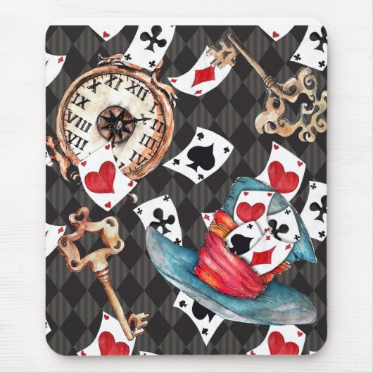 Alice an Wonderland Mousepad with Clock, Key Cards Muismat (Voorkant)
