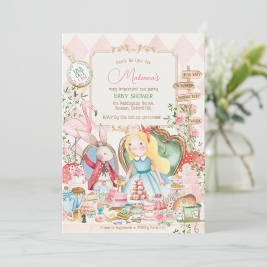 Alice Avontuur in Woderland Baby shower Tea Party Kaart (Staand voorkant)