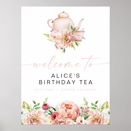 ALICE Blush Floral Birthday Tea Brunch Welkom Poster (Voorkant)