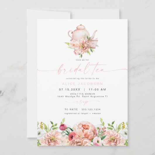 ALICE Blush Floral Bridal Tea Party Brunch Shower Kaart (Voorkant)