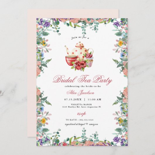 ALICE Blush Floral Bridal Tea Party Brunch Shower Kaart (Voorkant / Achterkant)