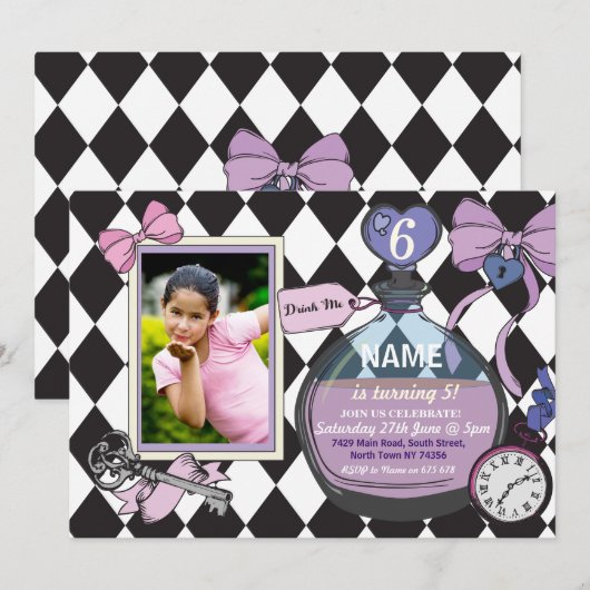 Alice Bow Wonderland verjaardagsfoto uitnodiging (Voorkant / Achterkant)