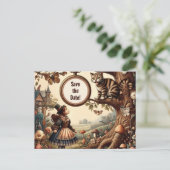 Alice & Cheshire Cat: Whimsical Wonderland Fantasy Aankondigingskaart (Staand voorkant)