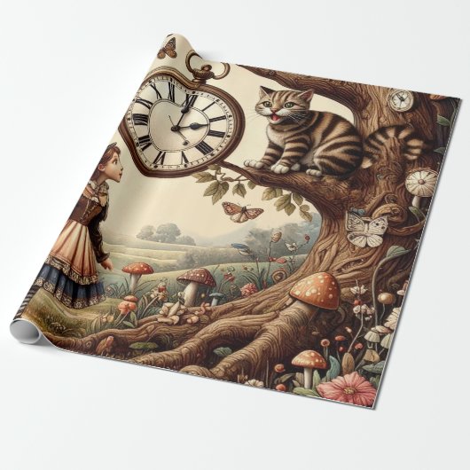 Alice & Cheshire Cat: Whimsical Wonderland Fantasy Cadeaupapier (Uitgerold)