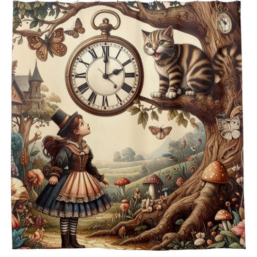 Alice & Cheshire Cat: Whimsical Wonderland Fantasy Douchegordijn (Voorkant)