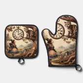 Alice & Cheshire Cat: Whimsical Wonderland Fantasy Ovenwant & Pannenlap Set (Voorkant)