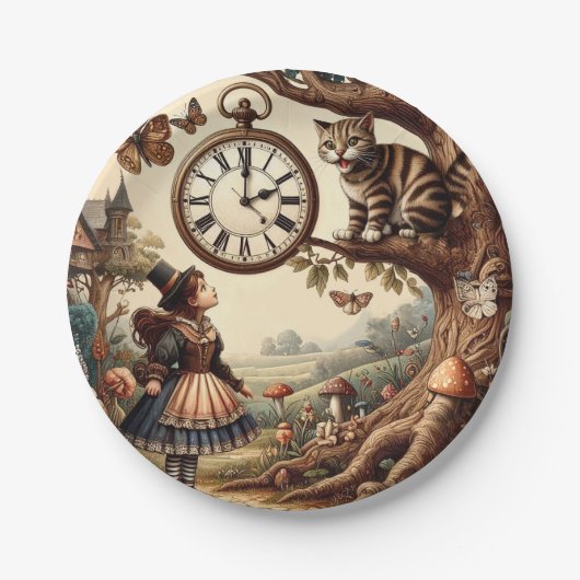 Alice & Cheshire Cat: Whimsical Wonderland Fantasy Papieren Bordje (Voorkant)